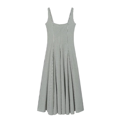 Vestido Midi De Cuadros Gingham Sin Mangas Cuello Cuadrado Cintura Alta Línea A Seersucker Estilo Vintage Mujer