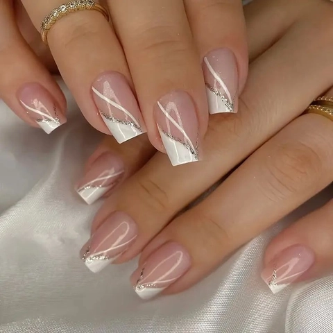 White French Tip Press On Nails Medium Square Nude Pink With Silver Glitter And Line Art ABS Plastic Manicure For Women