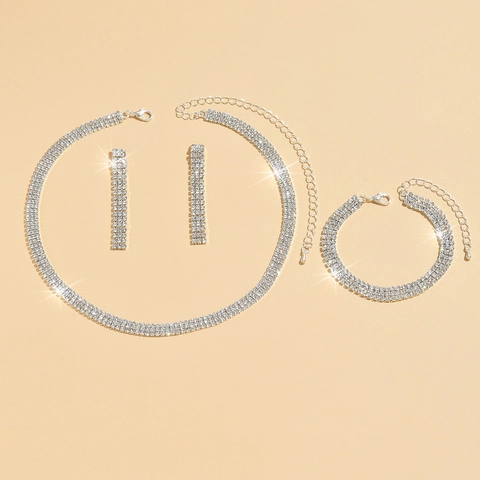 Lujoso Conjunto de Joyas de Strass Plateado para Mujer Boda Nupcial Juego de 3 Piezas Collar Pendientes Pulsera