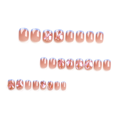 French Blue Tip Press On Nails Nude Pink Short Square Round False Nails With 3D Crystal Rhinestone Decor