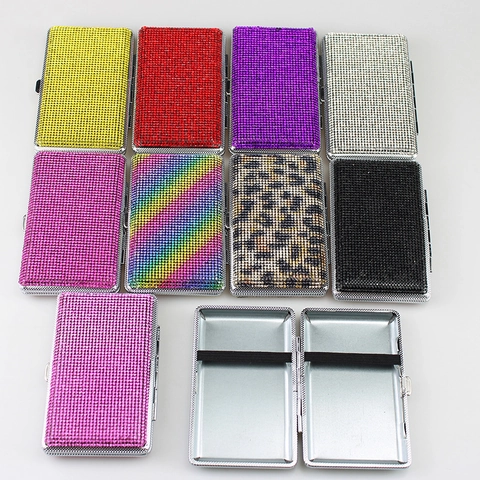 Bling Rhinestone Cigarette Case For Women Double Sided Metal Card Holder Portable Handmade Sparkling Storage Box