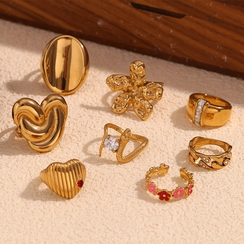 Vintage Stainless Steel Rings For Women 18K Gold Plated Fashion Heart Snake Flower Geometric Zircon Jewelry