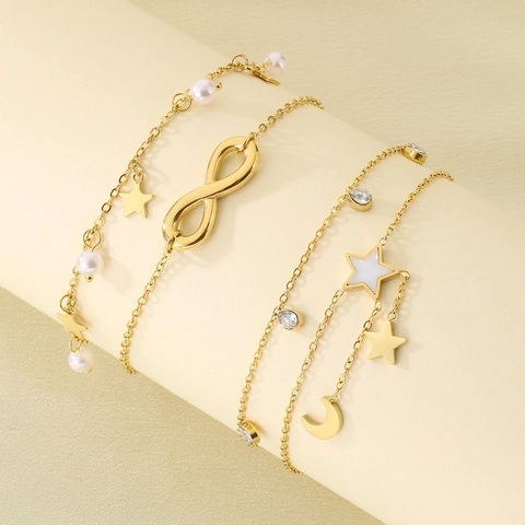 Fußkettchen Edelstahl Gold Unendlichkeit Stern Mond Künstliche Perle Zirkon Mehrlagig Sommer Strand Schmuck Für Damen