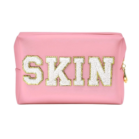 Borsa da Trucco in Pelle PU Impermeabile Con Toppa Lettera in Ciniglia Cerniera Dorata Borsa da Toilette Per Viaggio Donna Custodia Per Cosmetici