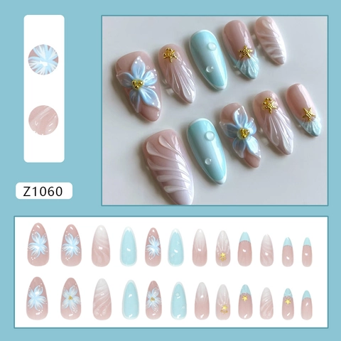 Uñas Postizas Tema Océano Azul Flores En Relieve Estrella De Mar Forma Almendra Plástico ABS Uñas Artificiales Estilo Elegante