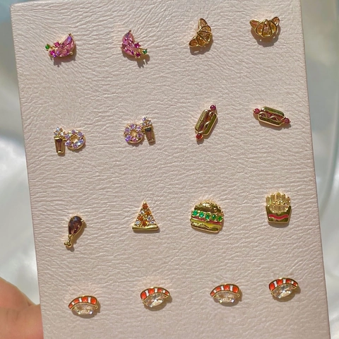 Food Theme Hamburger Pizza Fries Stud Earrings Copper 18K Gold Plated Zircon Colorful Jewelry With 925 Sterling Silver Earring Post