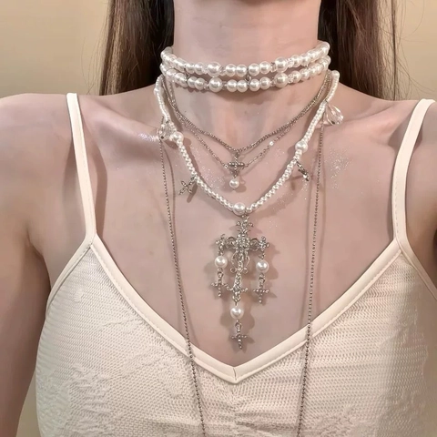 Collana Multistrato Perla Artificial Sintetica Lega Strass Cristallo Ciondolo Croce Stile Francese Vintage Elegante Lusso Per Donna