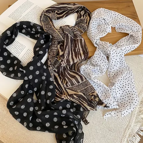 Dames Retro Elegante Satijnn Sjaal Ketting Stip En Dierenprint Lange Chiffon Sjaal Decoratieve Ketting Koreaanse Stijl