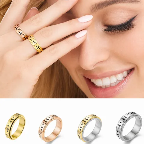 Titanstahl Spinner Ring Stern Mond Muster Anti Angst Stressabbau Band Ring Für Herren Damen Mode Schmuck Geschenk