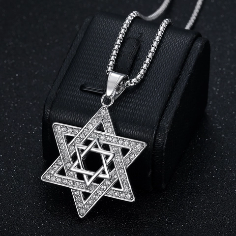 Star Of David Pendant Necklace Titanium Steel Gold Plated Rhinestone Inlaid Hexagram Hip Hop Religious Jewelry For Men