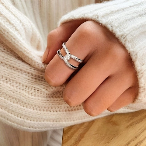 Anello a Nodo Intrecciato in Argento Sterling S925 per Donna Minimalista con Zirconia Intarsiata Anello Regolabile Gioielli