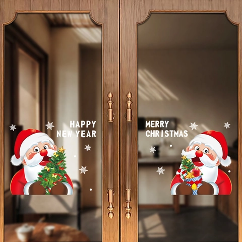 Adesivi Per Finestre Di Natale Babbo Natale Capodanno Aderenza Statica PVC Decorazioni Per Porte In Vetro Fiocco Di Neve