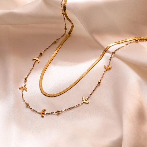 Double Layer Necklace Gold Plated Stainless Steel Snake Bone Chain Aircraft Clover Moon Pendant Trendy Jewelry For Women