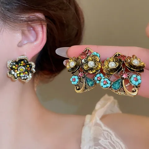 Pendientes De Flores Vintage Con Perla Artificial De Imitación Estrás Colorido Esmalte Aleación Joyería Con Poste De Plata Para Mujer