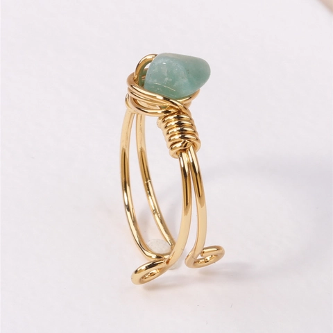 Natural Crushed Stone Wire Wrapped Open Ring Gold Metal Handmade Adjustable Crystal Gemstone Jewelry For Women Boho Style