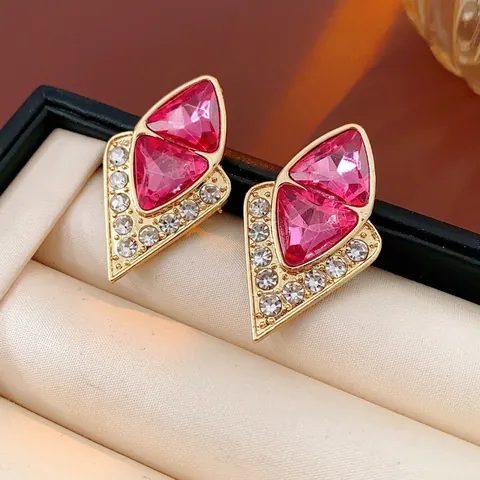 Vintage Geometric Triangle Stud Earrings Pink Rhinestone Alloy With Silver Earring Post For Women Elegant Jewelry