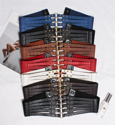 Ceinture Corset Large Pour Femmes Cuir PU Motif Crocodile Rivets Creux Taille Élastique Style Punk Vintage Anneau Métal