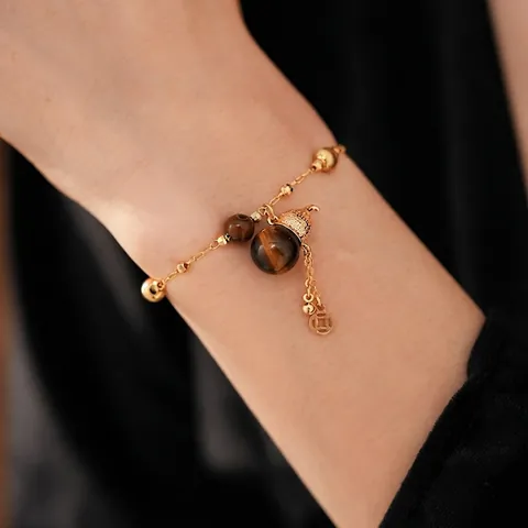 Tigerauge Stein Armband Mit Vergoldetem Kupfer Und Anhänger Verstellbar Vintage Ethno Schmuck Für Damen