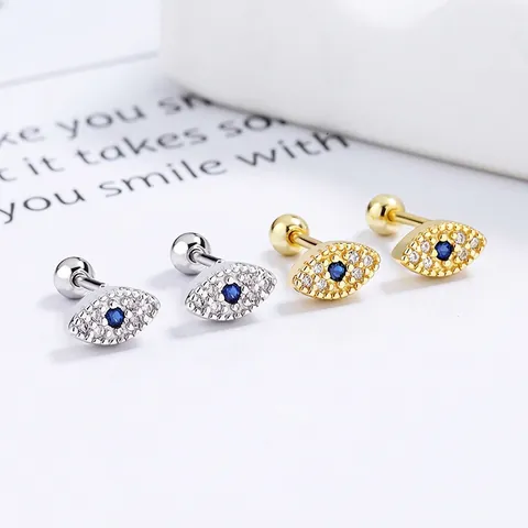 Evil Eye Stud Earrings 925 Sterling Silver With Blue White Cubic Zirconia Screw Back Small Piercing Jewelry For Women