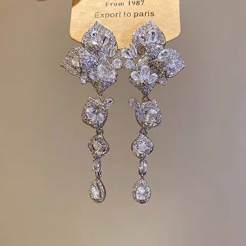 Elegant Floral Leaf Zircon Tassel Dangle Earrings Copper With 925 Sterling Silver Earring Post Wedding Party For Women