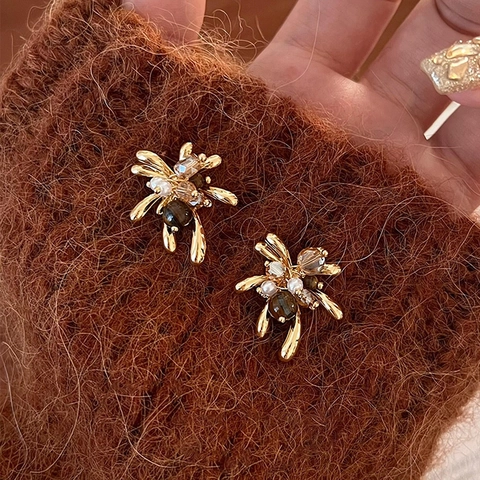Vintage Stud Earrings Gold Plated Tiger Eye Stone Faux Artificial Pearl Flower Bee Design Women Jewelry With Silver Earring Post