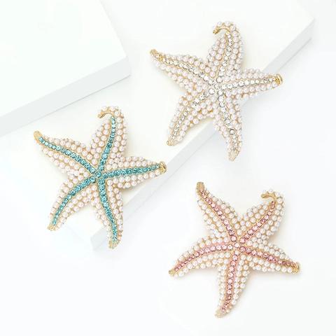 Spilla a Forma di Stella Marina in Lega con Perle Artificiali e Strass Oro Rosa Blu Elegante Pin per Vestiti Gioielli Donna
