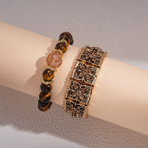Retro Bangle And Beaded Bracelet Tiger's Eye Citrine Zircon Rhinestone Alloy Copper Hollow Floral Geometric Women Jewelry