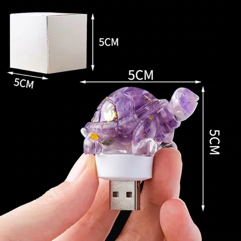 Turtle Shape USB Night Light With Natural Crystal Gravel And Gold Foil Resin Desktop Decor Atmosphere Lamp
