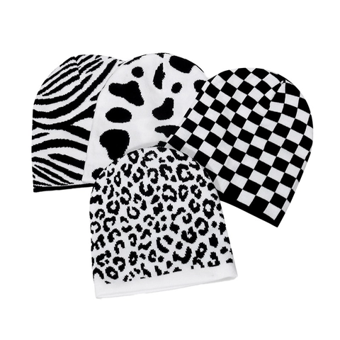 Berretto In Maglia Beanie Scacchi Leopardo Inverno Caldo Acrilico Antivento Streetwear Uomo Donna