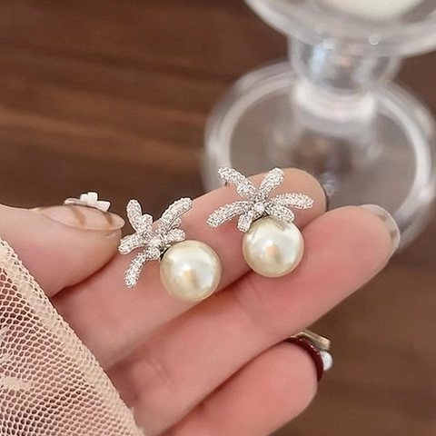 Artificial Pearl Stud Earrings With Zircon Flower Bow Alloy And Silver Earring Post Vintage Elegant French Style For Women