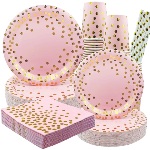 Pink Gold Dot Disposable Party Tableware Set Paper Plates Cups Napkins Cutlery Straws Tablecloth Banner Birthday Decor