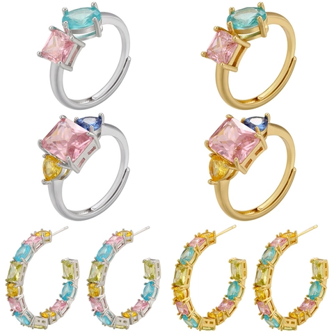Geometric Copper Ring And Earrings With Colorful Cubic Zirconia Candy Color Ins Style For Women