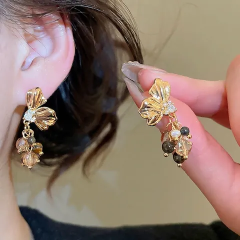 Flower Petal Tassel Drop Earrings With Silver Earring Post Tiger Eye Stone Zircon Copper Vintage Elegant For Women