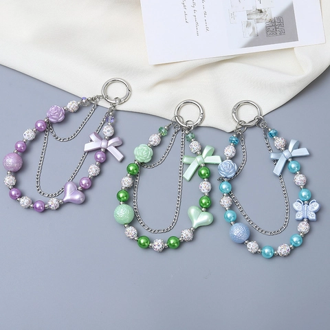 Llavero de Lazo y Corazón de Cuentas Hecho a Mano para Mujer Colgante de Bolso de Moda Cordón de Teléfono con Diamante de Imitación Perla Artificial Cadena de Aleación