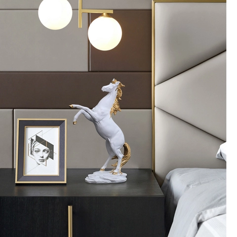 Rearing Horse Statue Resin Modern Horse Figurine With Gold Details For Living Room Office Desktop Home Decor Light Luxury