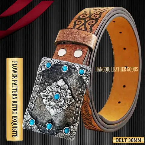 Retro Ethnic PU Leather Belt For Women Men Vintage Turquoise Buckle Embossed Floral Pattern Bohemian Style Waist Strap Jeans Decoration