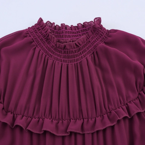 Elegante Vestido Largo Plisado De Manga Larga Para Mujer Gasa De Poliéster Cuello Alto Con Volantes Cintura Alta Color Sólido