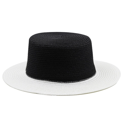 Women Summer Straw Boater Hat Flat Top Wide Brim Sun Protection Beach Vacation Two Tone Color Block Hepburn Style Vintage