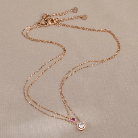 Double Layer Copper Zirconia Necklace For Women Geometric Round Micro Inlaid Pendant Gold Silver Rose Gold Plated Jewelry