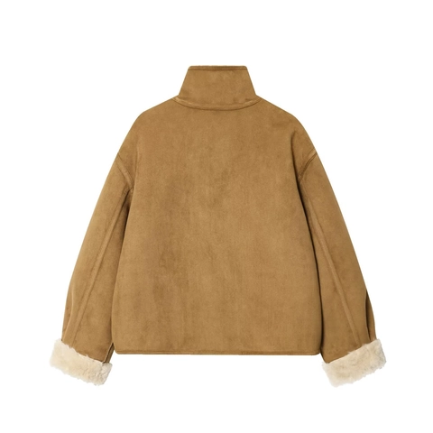 Giacca Reversibile Da Donna In Finta Pelle Scamosciata E Lana Di Agnello Cappotto Collo Alto Maniche Lunghe Con Tasche