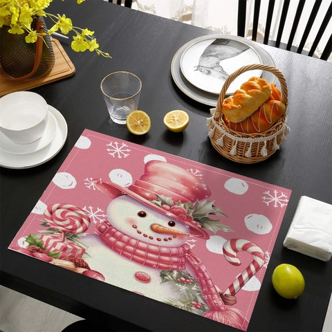 Christmas Placemat Linen Cotton Polyester Waterproof Pink Cartoon Santa Snowman Heat Insulated Table Decor Holiday Party