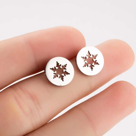 Pendientes De Botón De Copo De Nieve De Acero Inoxidable Redondos Geométricos Calados Joyería De Invierno Navidad Para Mujer