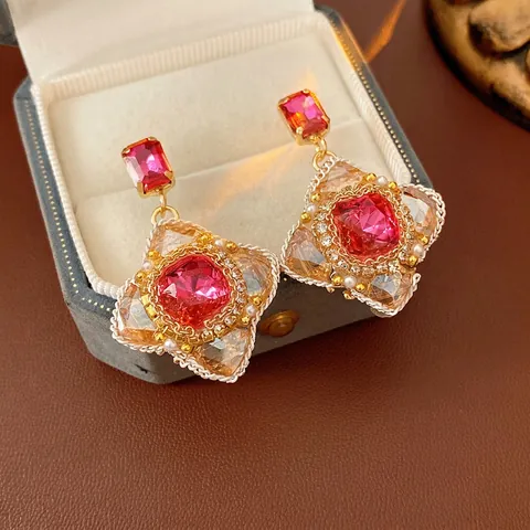 Vintage Palace Style Floral Rhombus Earrings Glass Artificial Pearls Copper Jewelry With Silver Earring Post Elegant Women