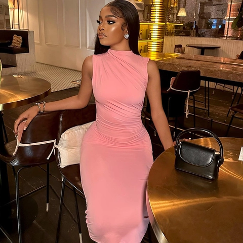 Women's Sleeveless Mock Neck Ruched Maxi Dress Solid Color Spliced Slim Fit Bodycon Summer Party Long Dress