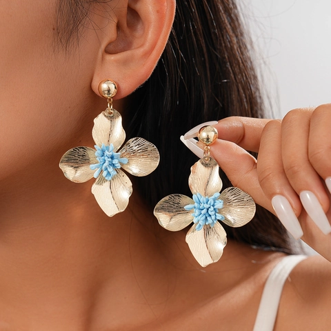 Vintage Metal Flower Statement Earrings With 925 Sterling Silver Earring Post Textured Petals Retro Elegant For Women