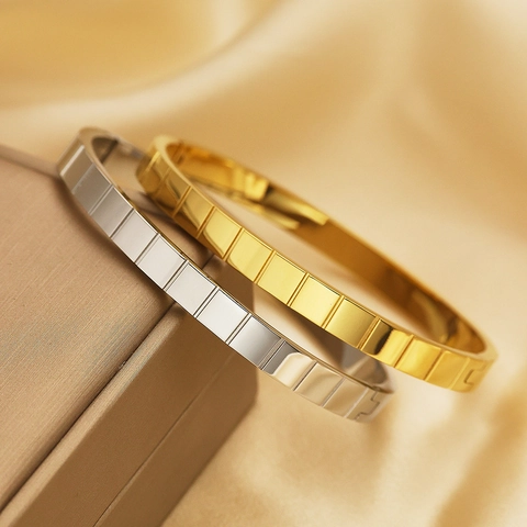 Geometric Bangle Bracelet Stainless Steel 18K Gold Plated Grid Square Pattern High Polished Minimalist Jewelry For Women