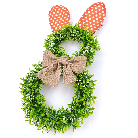 Easter Bunny Wreath Simulation Green Leaves Orange Polka Dot Ears Burlap Bow Spring Front Door Wall Hanging Decor