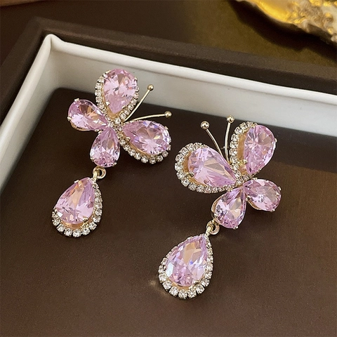 Schmetterling Ohrhänger Rosa Straß Zirkon Wassertropfen Kupfer Schmuck Mit 925 Sterlingsilber Ohrstecker