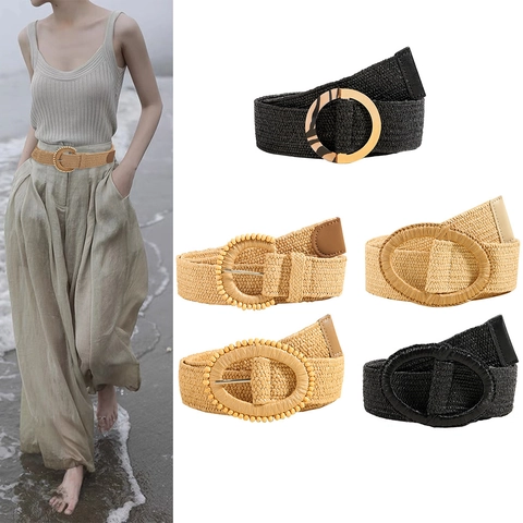 Women Bohemian Braided Wide Belt Elastic Straw Waist Belt With Geometric Buckle Fashion Waistband For Dresses Daily Vacation