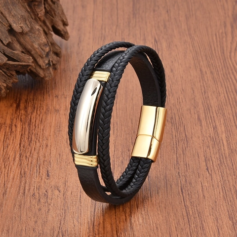 Bracelet En Cuir Tressé Multicouche Pour Hommes Avec Fermoir Magnétique En Acier Inoxydable Bijou Punk Vintage